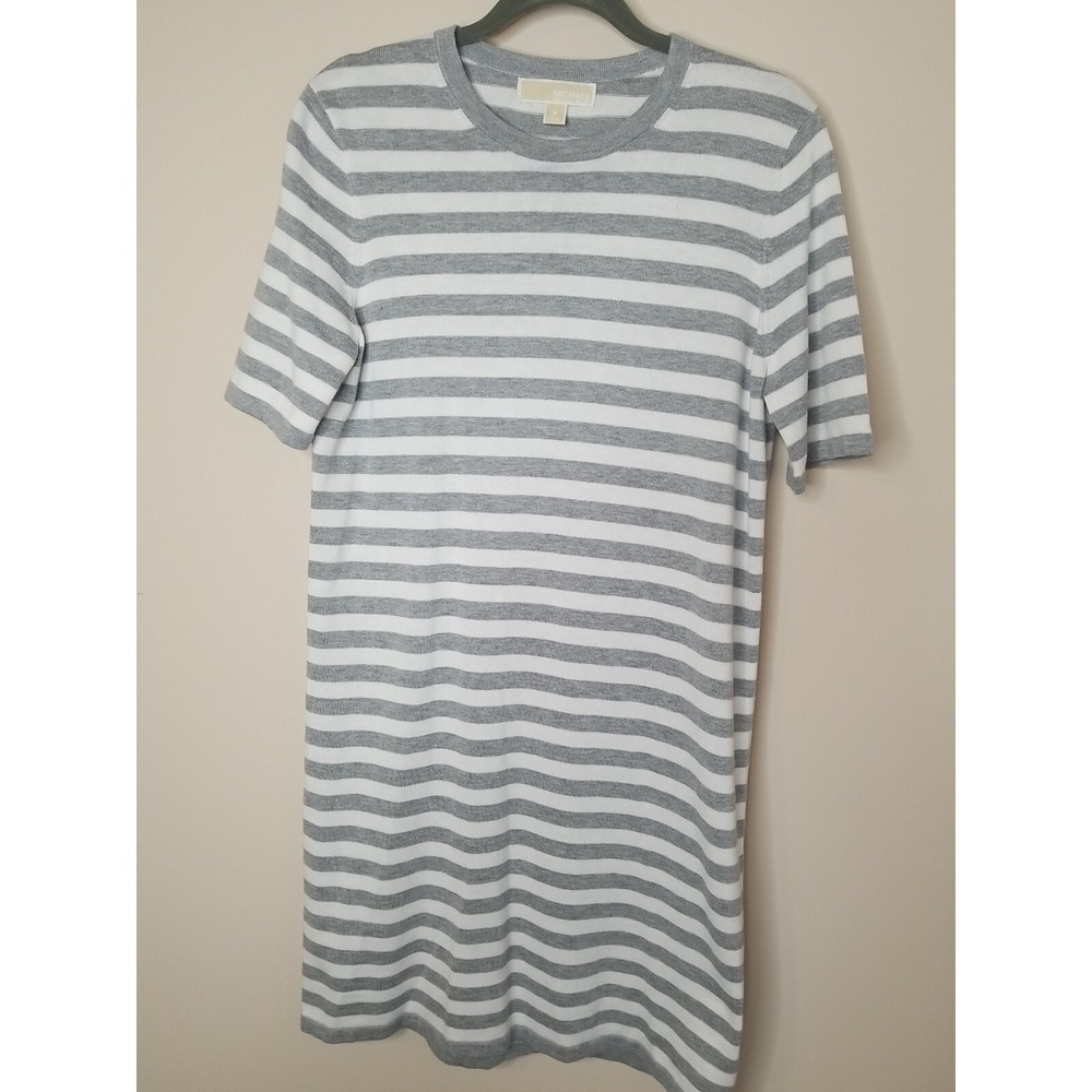 Michael Kors Dress Women M Gray White Stripe Light Sweater Preppy Classic Cotton